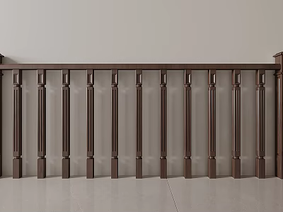 Dark Brown Classic Railing With Vertical Balusters Against Light Wall And Tiled Floor 3d model