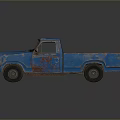 Worn Blue Pickup Truck with Rusty Body and Open Bed on Reflective Surface