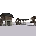 Garden Ornaments Featuring Wooden Water Wheels And Pavilions On Water Surface
