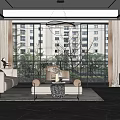 Modern Living Room Interior Design With Large Windows Sofa Chair And Coffee Table