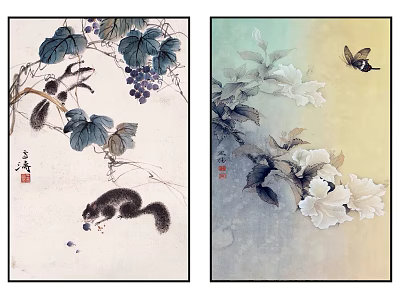 Traditional Chinese Botanical Paintings With Squirrels Grape Vines Birds And Flowers 3d model