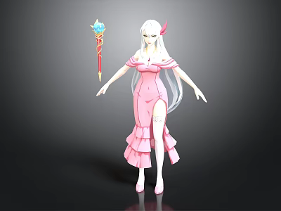 White Haired Character With Red Horns In Pink Dress Holding Magic Staff With Star Decoration 3d model