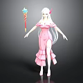 White Haired Character With Red Horns In Pink Dress Holding Magic Staff With Star Decoration