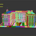 European Style Building Model Featuring Symmetrical Spire Tower Green Lawn Light Body and Dark Roof