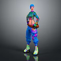 Vibrant Fantasy Character with Blue Hair and Colorful Outfit Standing with Small Creature