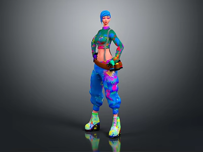 Vibrant Fantasy Character with Blue Hair and Colorful Outfit Standing with Small Creature 3d model