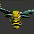 Cartoon Bee With Yellow And Black Striped Body Blue Wings Smiling Face And Red Eyes