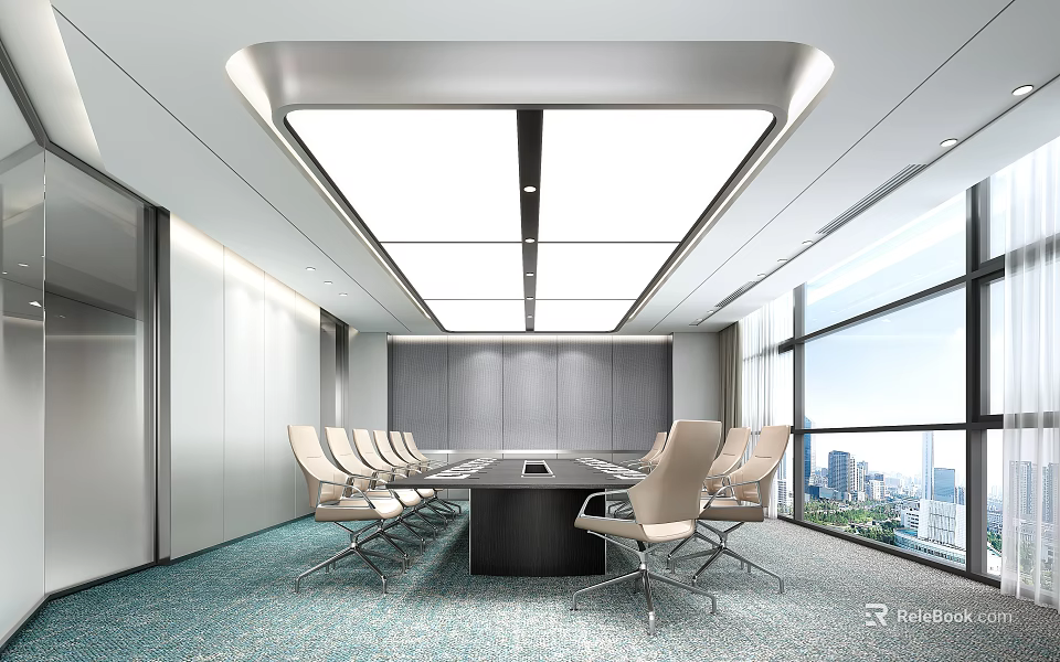 Modern Conference Room With Long Table Beige Chairs Large Windows And City View 3d model 