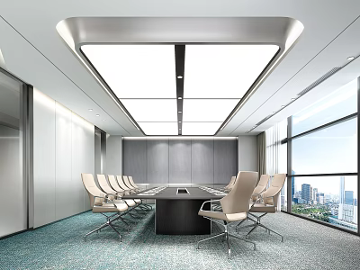 Modern Conference Room With Long Table Beige Chairs Large Windows And City View 3d model