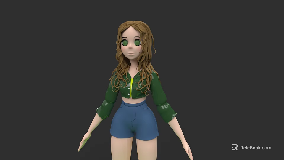 Curly Haired Woman With Green Eyes Wearing Green Top And Blue Shorts 3d model 