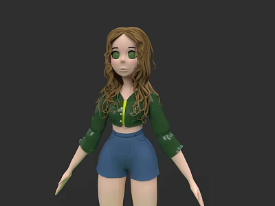 Curly Haired Woman With Green Eyes Wearing Green Top And Blue Shorts 3d model
