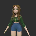 Curly Haired Woman With Green Eyes Wearing Green Top And Blue Shorts