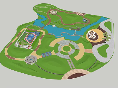 Park Design Layout Featuring Green Spaces Water Body Winding Paths And Circular Plazas 3d model