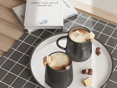 Two Black Coffee Mugs With Frothy Coffee On White Tray And Hazelnuts Near Books 3d model