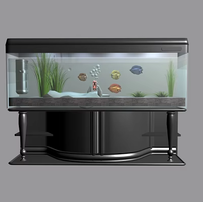 Modern Aquarium Fish Tank With Colorful Fish Aquatic Plants Air Bubbles And Black Cabinet Stand 3d model