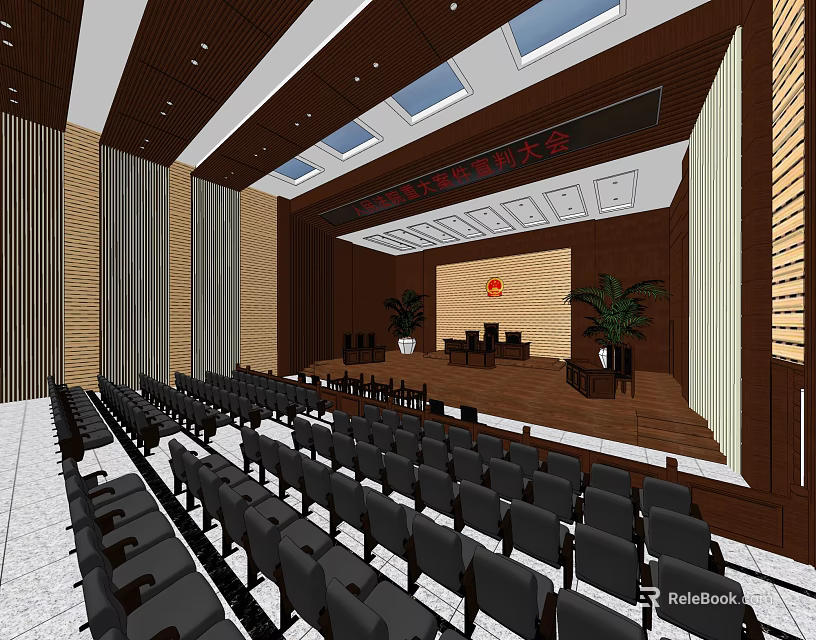 Large Modern Conference Room With Rows Of Seats Stage Plants And Skylights 3d model 