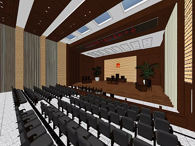 Large Modern Conference Room With Rows Of Seats Stage Plants And Skylights 3d model