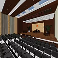Large Modern Conference Room With Rows Of Seats Stage Plants And Skylights