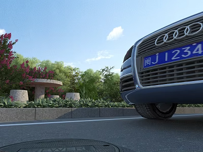 Garden Landscape With Audi Car On Road Green Plants Pink Flowers And Stone Pavilion 3d model