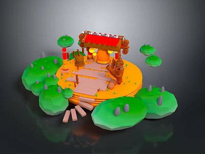 Enchanting Landscape With Circular Island Red Roofed Structure Green Lily Pad Platforms And Wooden Steps 3d model