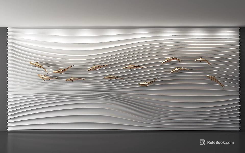 Modern Luxury Sofa Background Wall With Wavy Texture And Golden Bird Decorations 3d model 