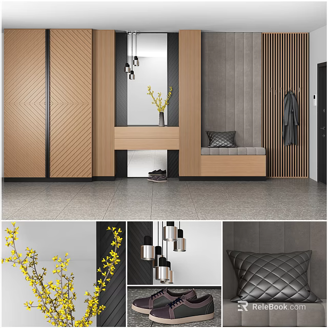 Modern Wardrobe Interior Design With Wooden Panel Mirror Bench And Pendant Lights 3d model 