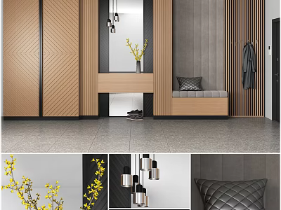 Modern Wardrobe Interior Design With Wooden Panel Mirror Bench And Pendant Lights 3d model