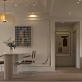 Modern Living and Dining Room Interior Featuring Arched Doorway Chandelier White Sofas and TV Wall