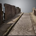 Ancient Street Ruins With Weathered Brick Walls And Stone Paved Pathway