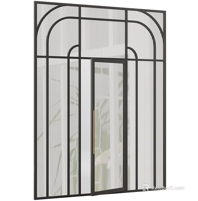 Modern Black Metal Frame Swing Door With Ribbed Glass And Brass Handle Interior Design 3d model 