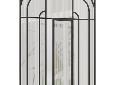 Modern Black Metal Frame Swing Door With Ribbed Glass And Brass Handle Interior Design 3d model