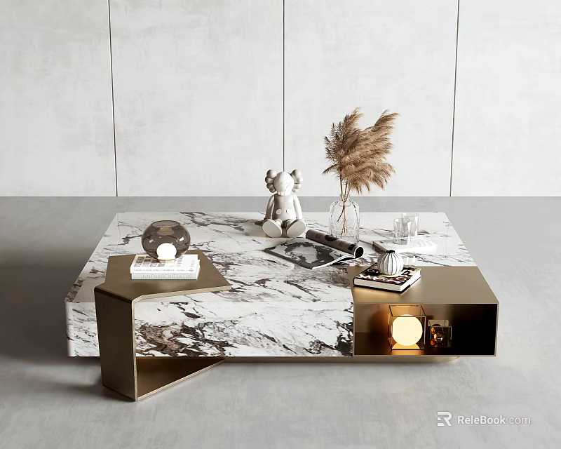 Modern Marble Coffee Table With Golden Metal Frame Decorative Items And Storage Shelf 3d model 