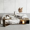 Modern Marble Coffee Table With Golden Metal Frame Decorative Items And Storage Shelf