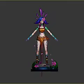 Colorful Animated Game Character With Blue Hair Purple Headdress Orange Outfit And Petal Base