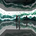 Interior Art Installation Featuring Green Mountain Landscape Flying Birds And Reflective Floor