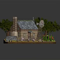 Miniature Log Cabin Farm Model With Blue Roof Chimney Tree Windmill Red Tractor And Pigs
