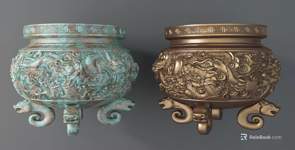 Garden Landscape Featuring Turquoise And Gold Bronze Vessels With Intricate Dragon Carvings And Animal Feet 3d model 