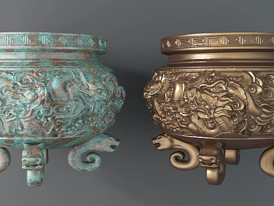 Garden Landscape Featuring Turquoise And Gold Bronze Vessels With Intricate Dragon Carvings And Animal Feet 3d model