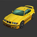 Yellow Sports Car With Rear Spoiler Black Stripes Green Windows And Black Wheels