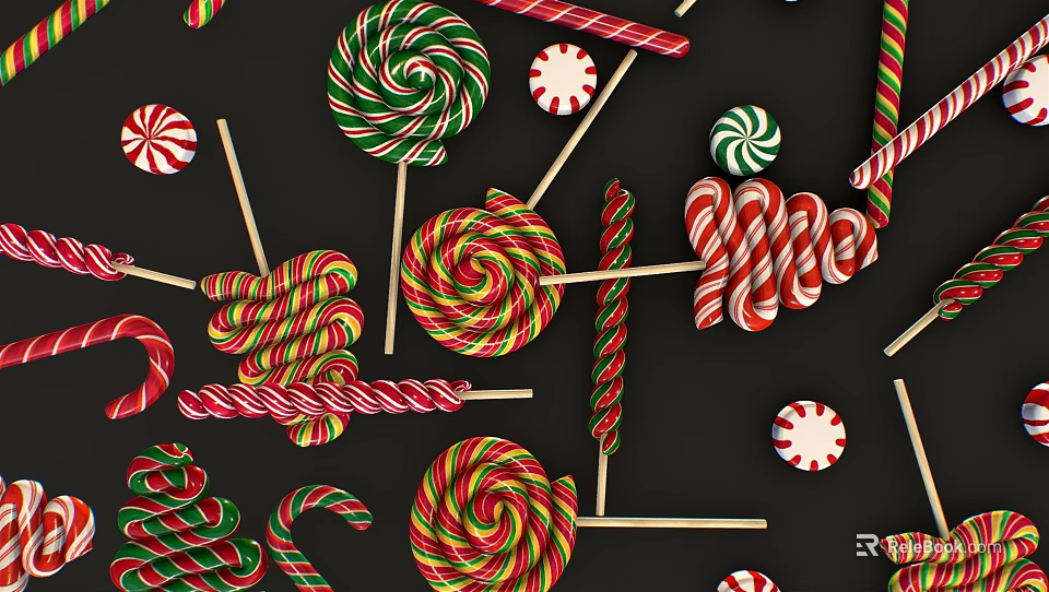 Colorful Assorted Candies With Swirled Lollipops Striped Candy Canes And Round Sweets 3d model 