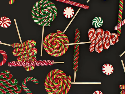 Colorful Assorted Candies With Swirled Lollipops Striped Candy Canes And Round Sweets 3d model