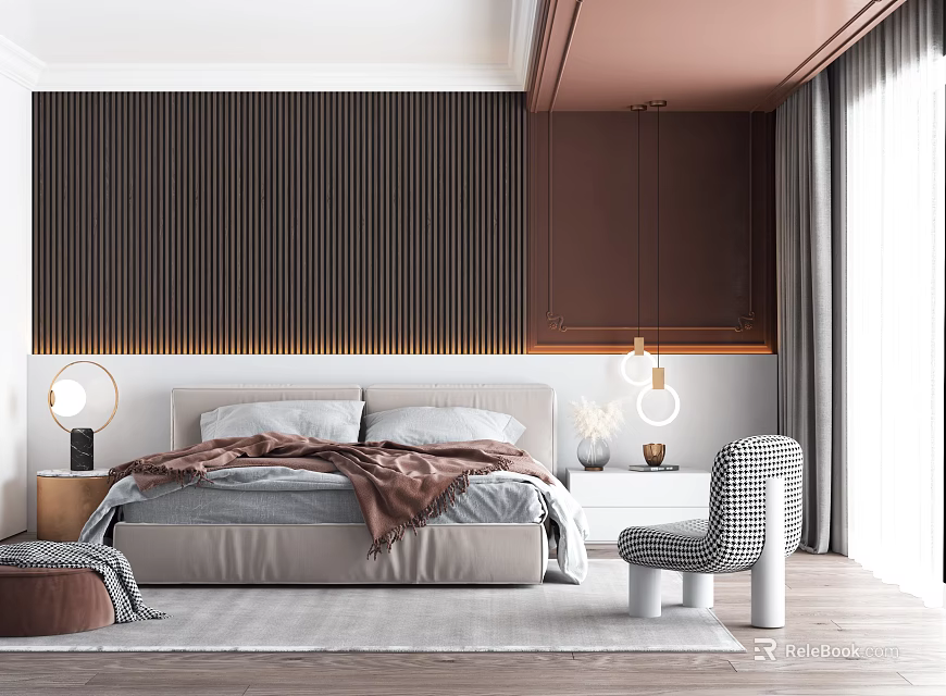 Modern Bedroom Interior Design With Striped Accent Wall Bed Linen And Accent Chair 3d model 