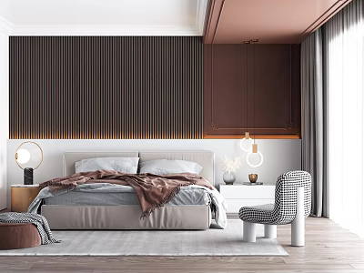 Modern Bedroom Interior Design With Striped Accent Wall Bed Linen And Accent Chair 3d model