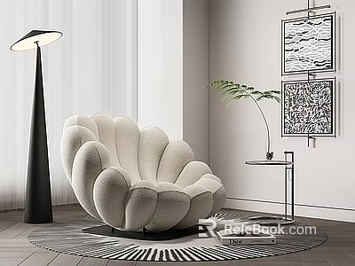 Scalloped Beige Single Sofa With Floor Lamp Side Table And Wall Art In Living Room 3d model 