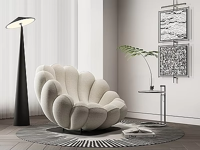 Scalloped Beige Single Sofa With Floor Lamp Side Table And Wall Art In Living Room 3d model