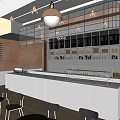 Modern Restaurant Interior With Stainless Steel Counter Tables Chairs Pendant Lights And Decorative Shelves