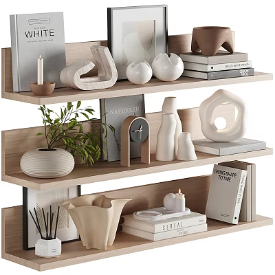 Decorative Ornament Set With Wooden Multi Tiered Shelf Books Vases Sculptures Clock And Green Plant 3d model