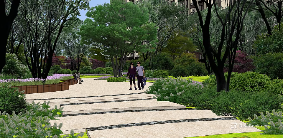 Residential Landscape With Walking Path Steps Trees Lawns And Flower Beds Near Buildings 3d model 