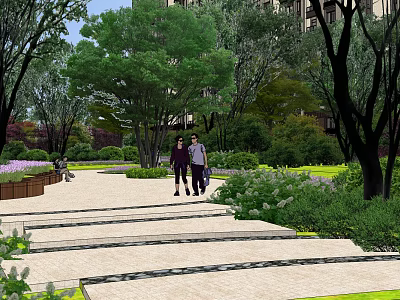 Residential Landscape With Walking Path Steps Trees Lawns And Flower Beds Near Buildings 3d model