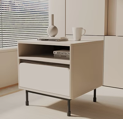 Modern Minimalist Beige Bedside Table With Drawer Topped With Book Mug And Decor 3d model